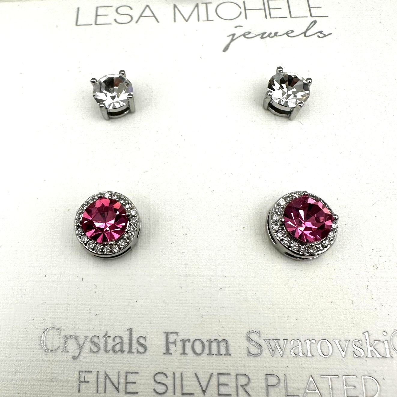 Lesa Michele Swarovski Crystal Earring Set Of 2 Nib New Nwt Stud Pink Jewelry